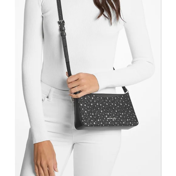 Michael Kors Arden Medium Black Star Print Crossbody Bag with Zip Closure - Picture 2 of 8